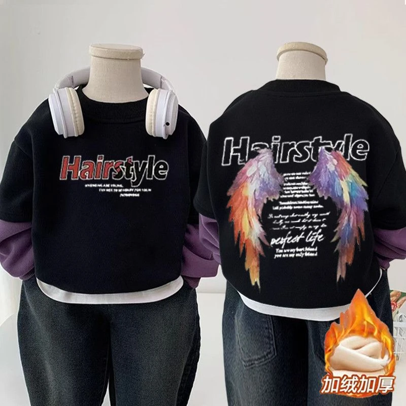 男童假两件卫衣春季新款翅膀印花韩版百搭宝宝上衣打底衫潮