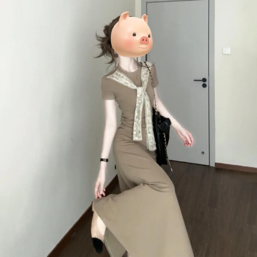 韩系蕾丝系带短袖连衣裙子女夏2025新款高级设计感收腰卡其色长裙