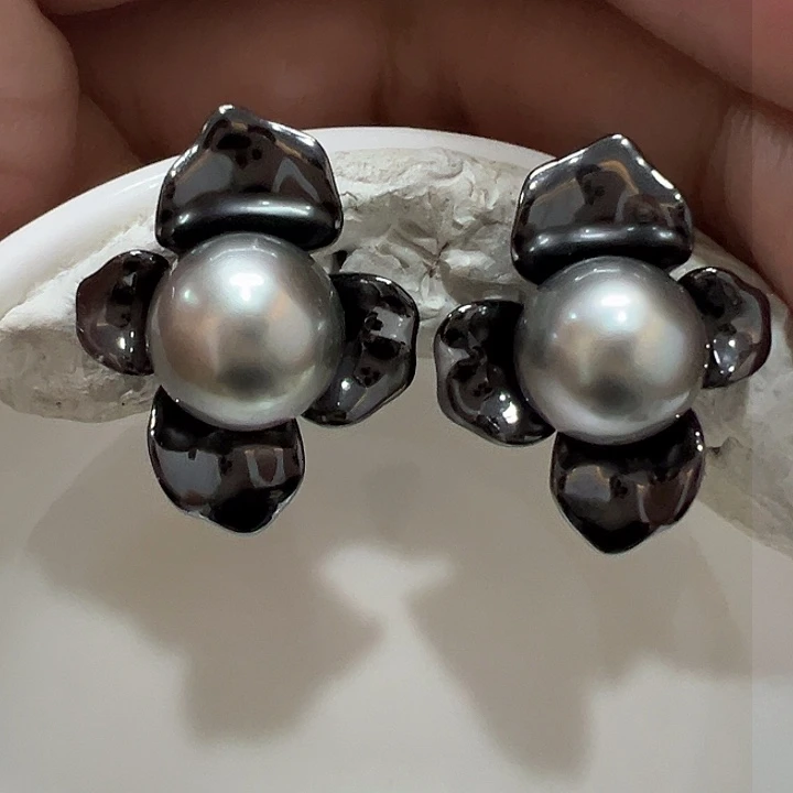 银S925镶嵌海水珍珠耳饰