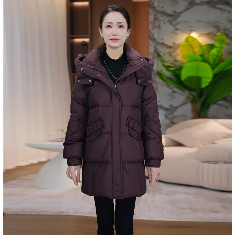 高端时尚气质中长款加厚羽绒服女2025冬季新款修身显瘦白鸭绒外套