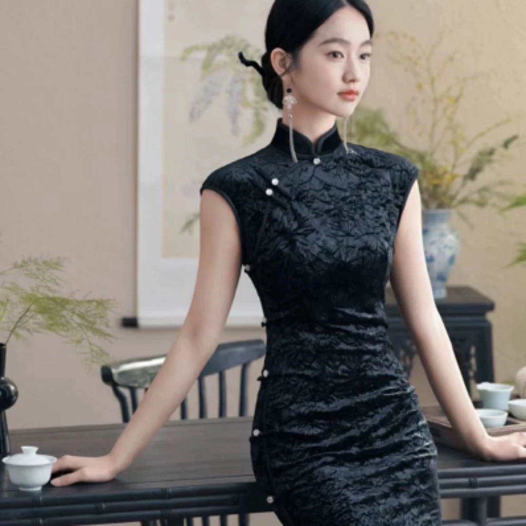 壹念灰绿中式夏季高级弹力复古显瘦改良日常纯色年轻连衣裙