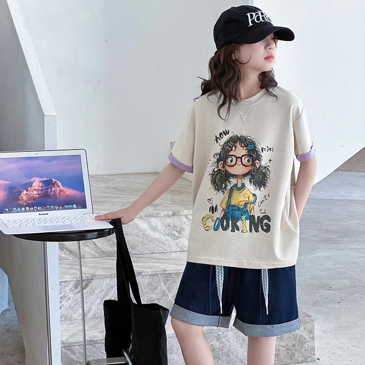 女童女孩短袖T恤新款牛仔服装短裤薄款中大童洋气款衣服儿童