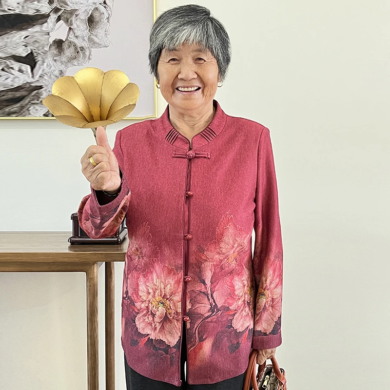 奶奶装秋装长袖洋气外套中老年妈妈洋气新中式国风薄款衬衫上衣服