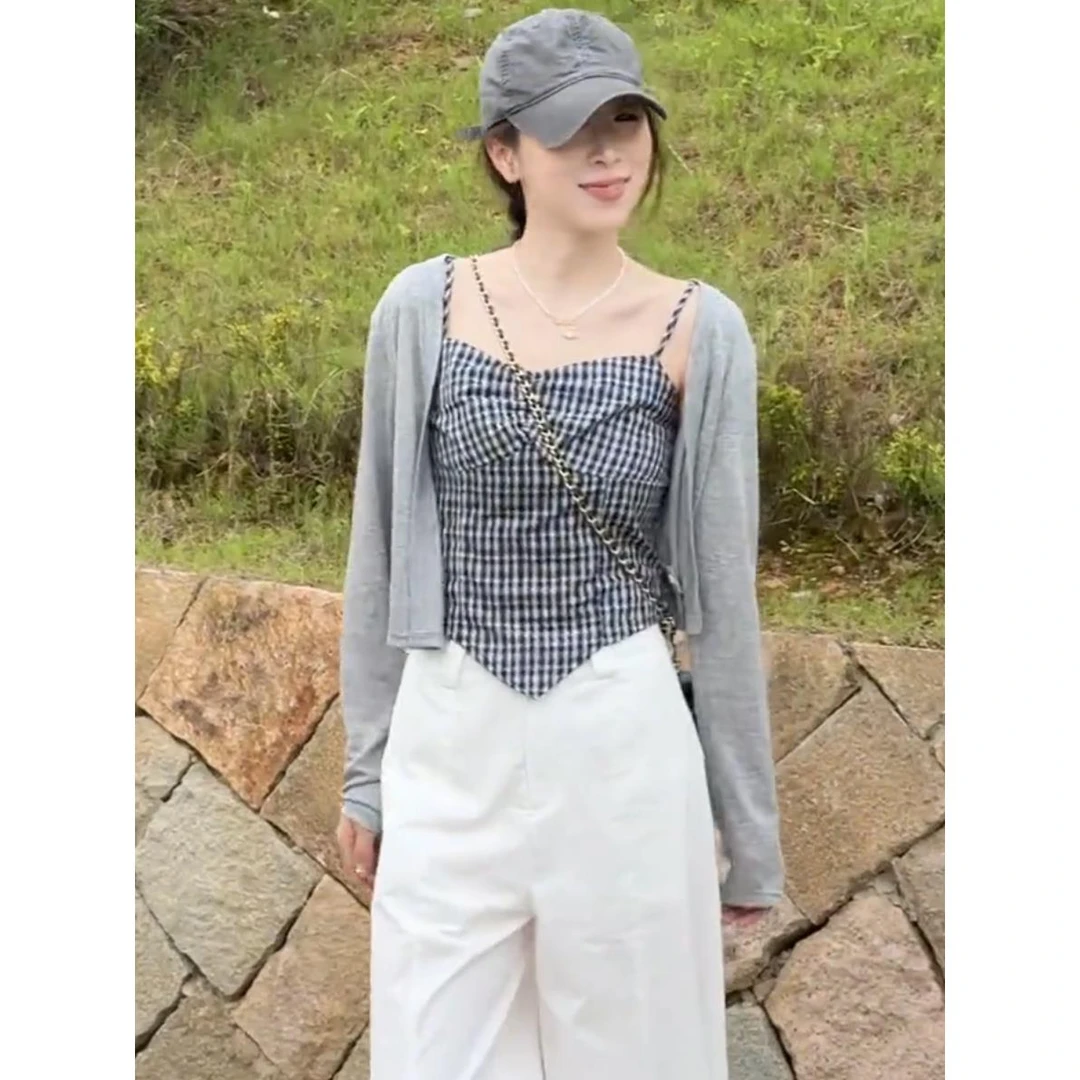 【纯纯欲动】夏季新款韩系设计感时尚洋气格子吊带背心+开衫两件套