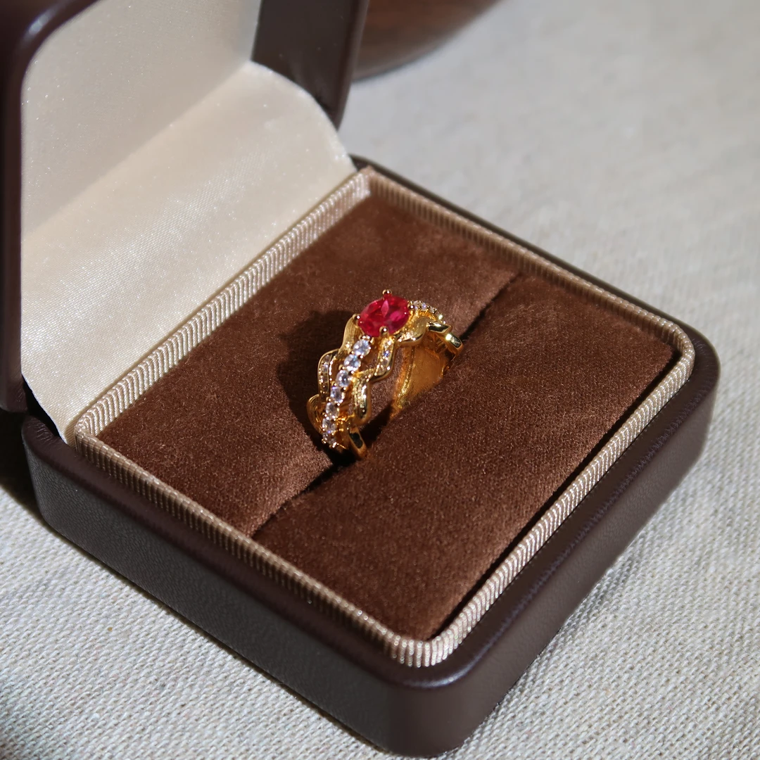 胤珩 合金合成锆石戒指 高级感拉丝镂空设计轻奢镶钻红刚戒指小众