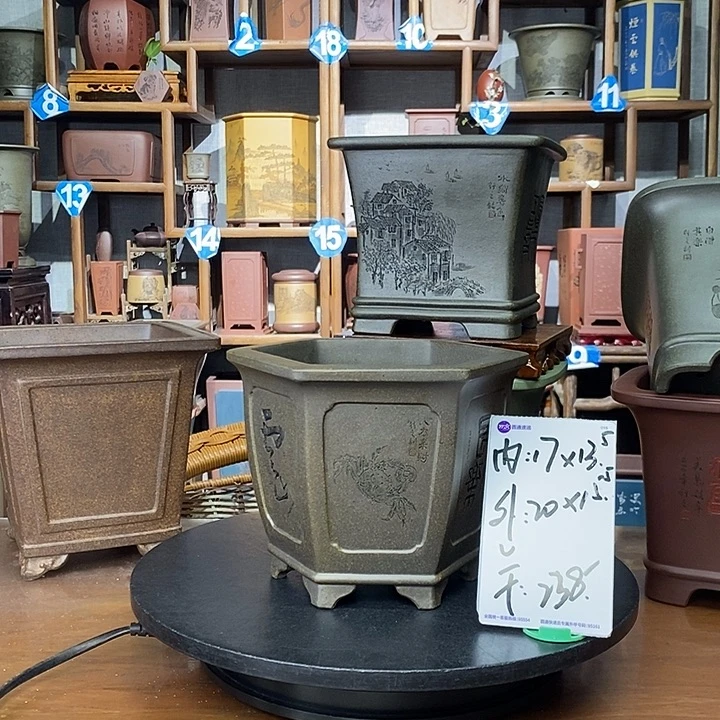 紫砂花盆鲨皮青六方