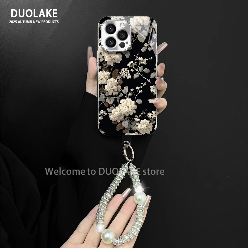 复古花朵适用苹果vivo华为oppo小米iPhone17电镀玻璃防摔手机壳潮