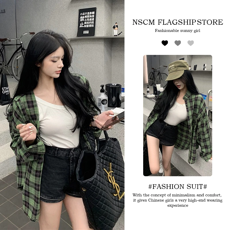 NSCM爆款纯欲慵懒风女装韩版百搭简约背心气质格纹衬衫短裤