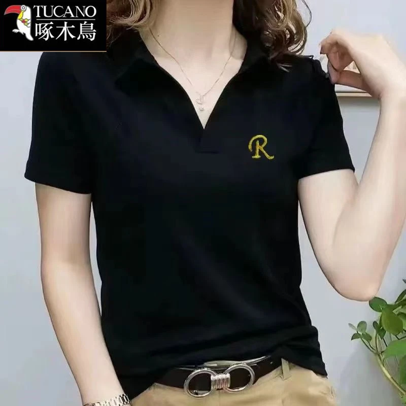 啄木鸟2025年新款翻领百搭刺绣T恤女夏季薄款短袖时尚纯色上衣潮