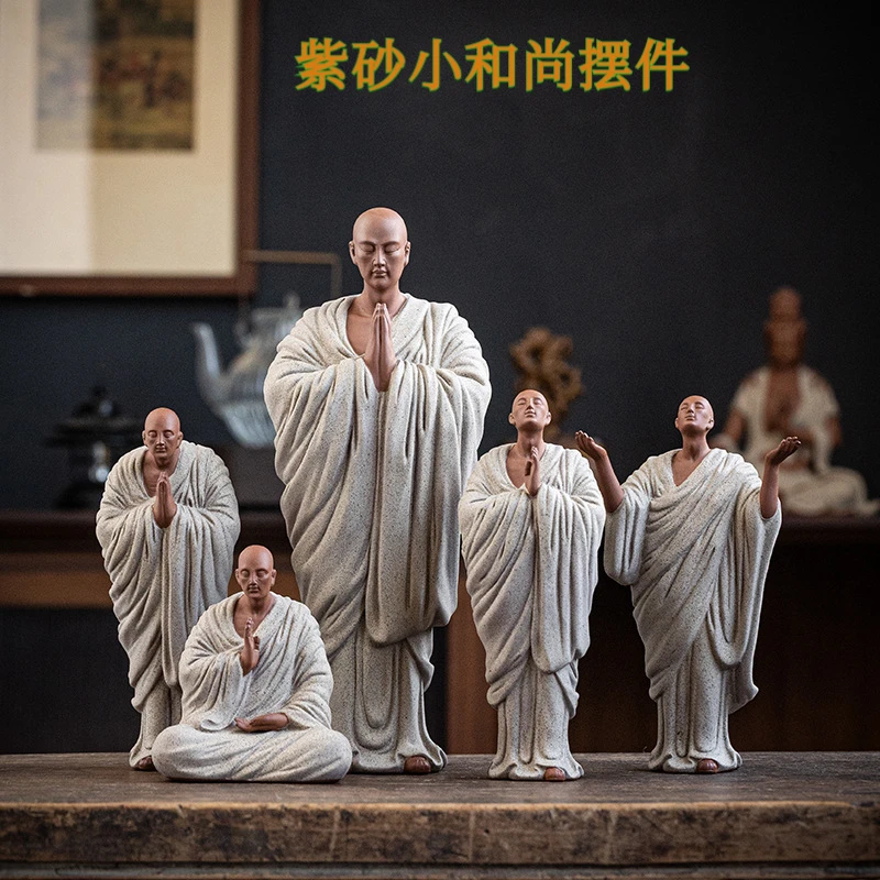 禅意紫砂小和尚摆件中式家居许愿小沙弥茶室桌面博古架陶瓷工艺品
