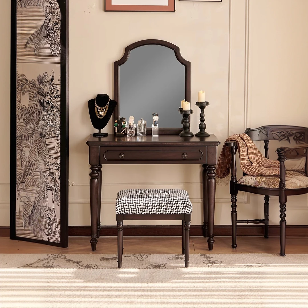 LDAD美式储藏卯榫梳妆台复古美式梳妆桌法式带镜子化妆桌古典桌子
