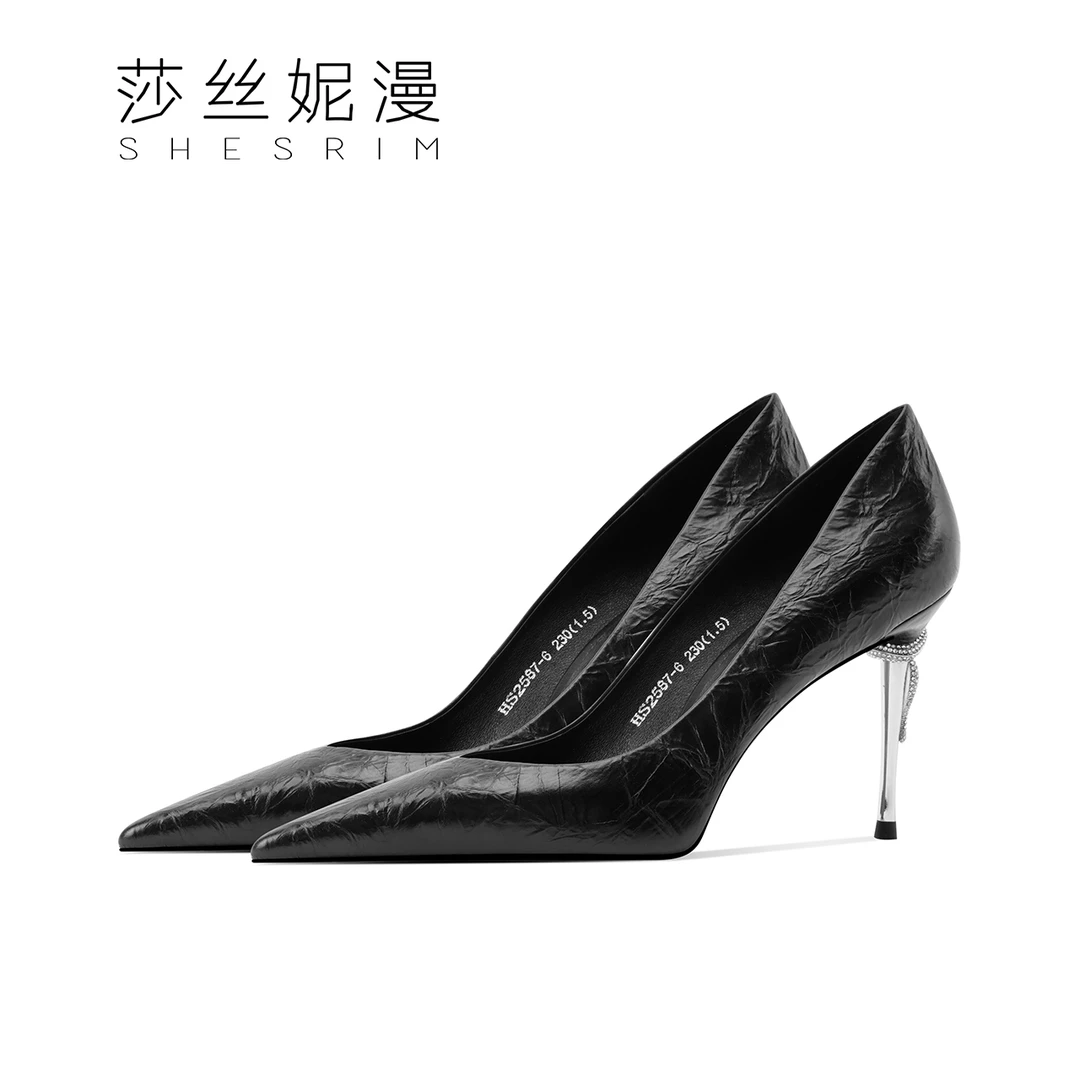 267-2025新款英式高跟时尚抓皱纹理气质尖头细跟女士浅口单鞋女