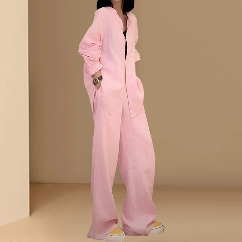粉色休闲时尚衬衫套装女2025春秋新款简约新中式衬衣阔腿裤两件套