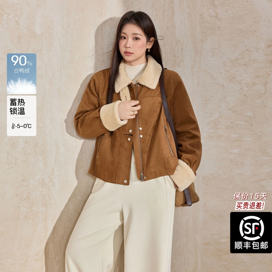 蓝语大码复古机车仿麂皮绒羽绒外套2025冬新款保暖仿羊羔毛夹克