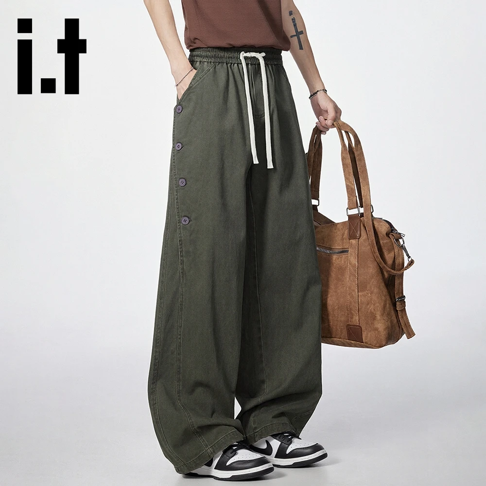 it:CHOCOOLATE水洗阔腿裤子男秋季新款直筒拼接做旧纽扣休闲长裤