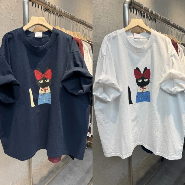 9389夏季新款韩版蝴蝶结小猫印花宽松休闲大版圆领短袖T恤女