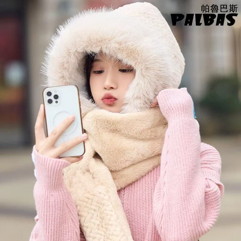 毛绒编织帽子围巾手套三合一女秋冬保暖加厚围脖骑车防风一体手套