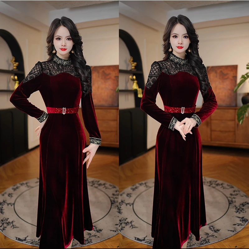 【富丽红韵】2025冬季新款收腰显瘦洋气减龄轻奢女人味打底连衣裙