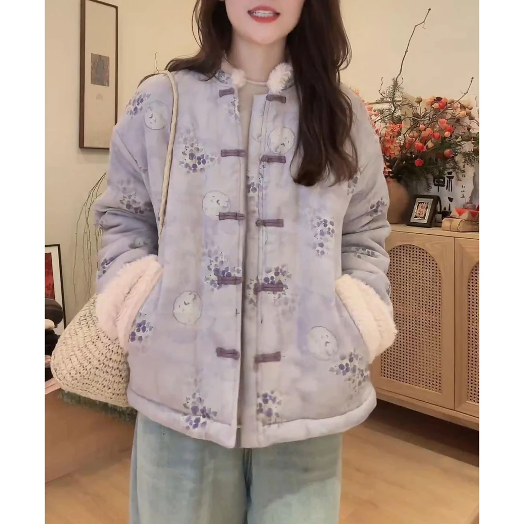 新中式设计感宽松显瘦上衣2025冬季新款时尚洋气印花减龄短外套女