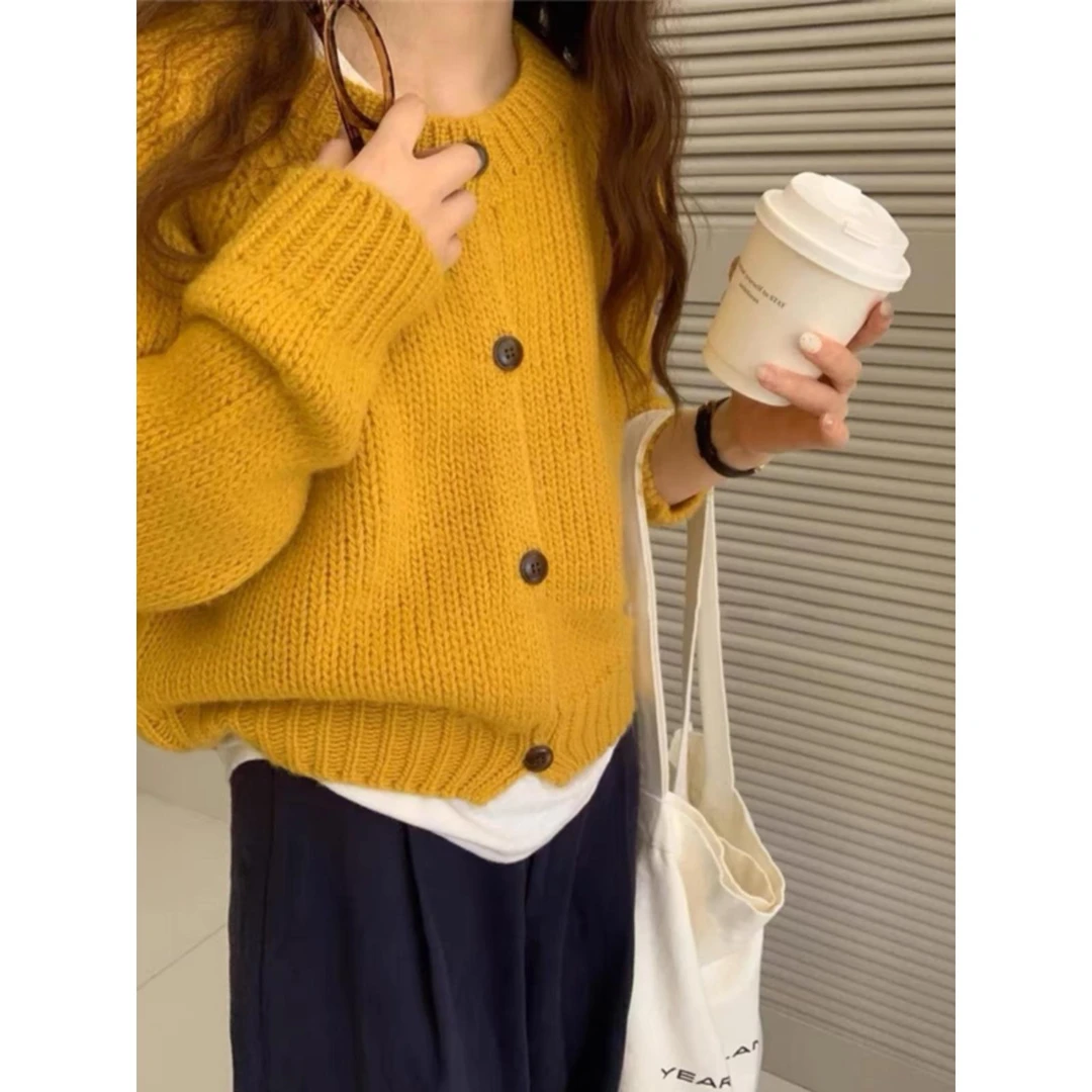 韩系粗线加厚纯羊毛衫女糖果色圆领秋冬新毛衣针织开衫外套25294