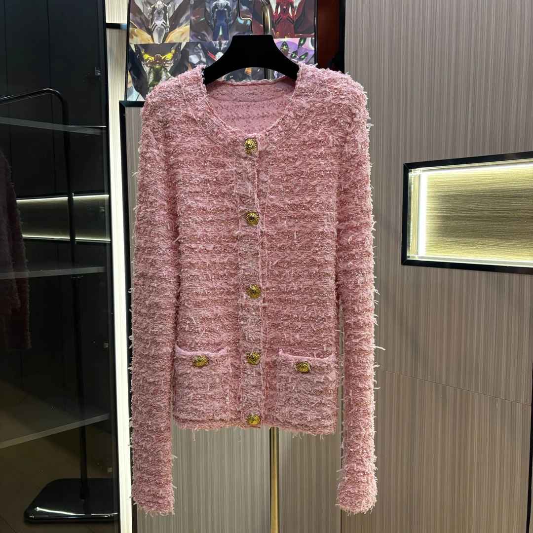 <猪猪出品>2025上新小香风轻奢气质编织粗花呢粉色秋冬针织外套