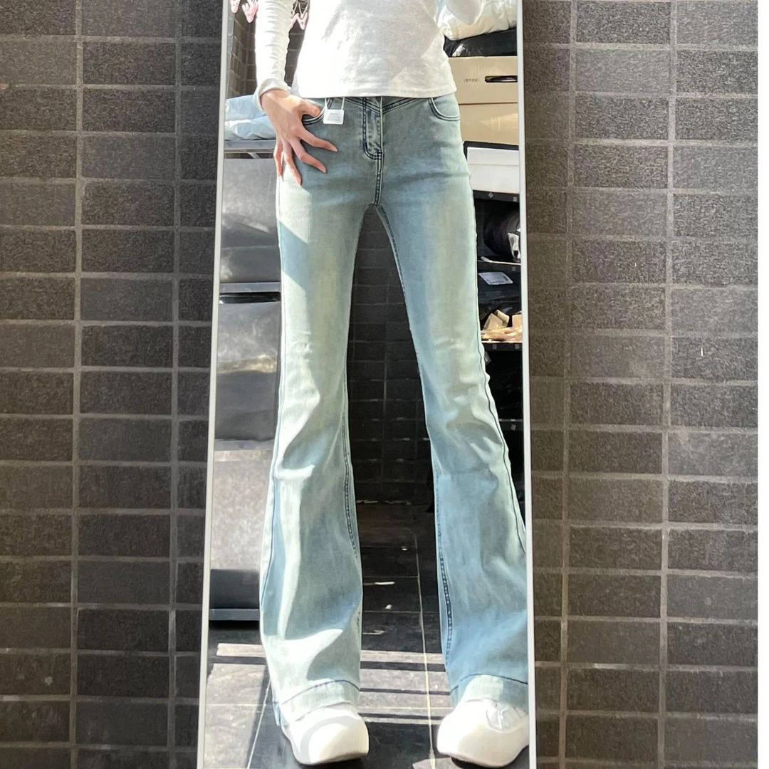 春季新款浅蓝色微喇叭牛仔裤女高腰显高显瘦设计感辣妹喇叭拖地裤
