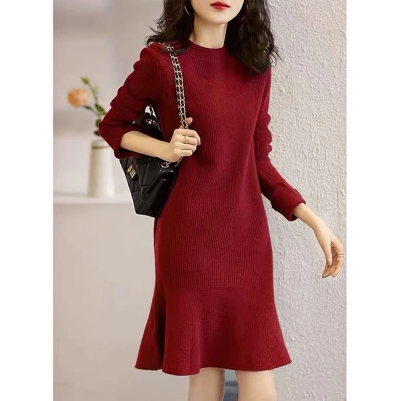 JYD3793秋冬季针织连衣裙荷叶边鱼尾裙宽松内搭毛衣女修身小红裙