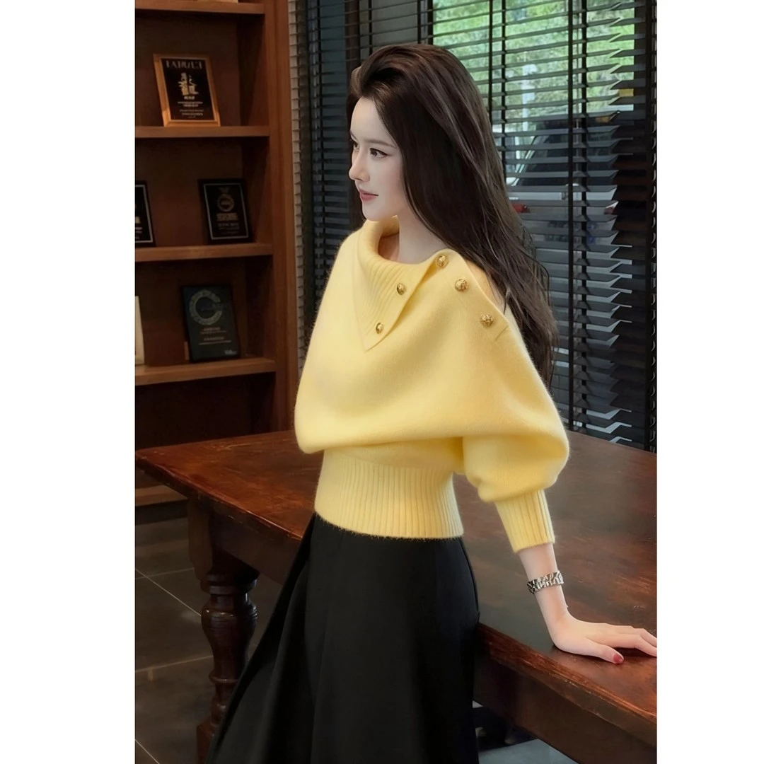 美拉德黄色设计感翻领毛衣女秋冬高级感慵懒老钱风轻熟针织衫上衣