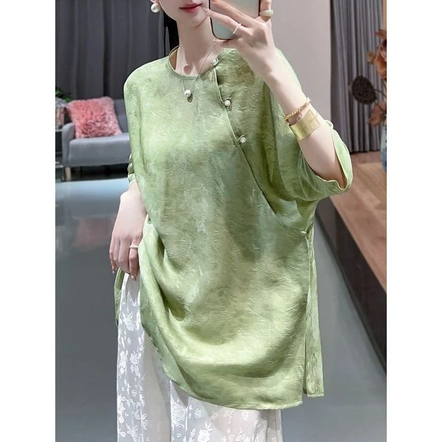 中式改良仿真丝脏染提花仿桑蚕丝衬衫女夏汉元素国风宽松斜襟