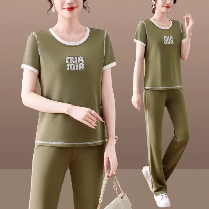 2025夏季休闲运动套装中老年圆领MIA夏季韩版减龄显瘦运动服长裤