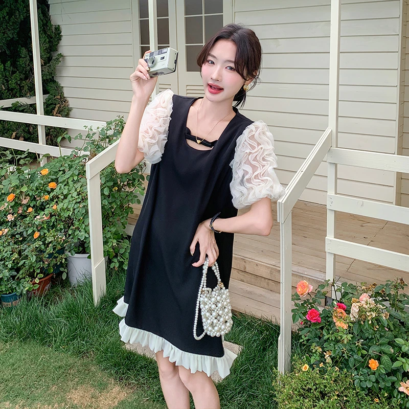 小众法式拼接爆款泡泡袖连衣裙2024新款宽松显瘦小个子裙子女款