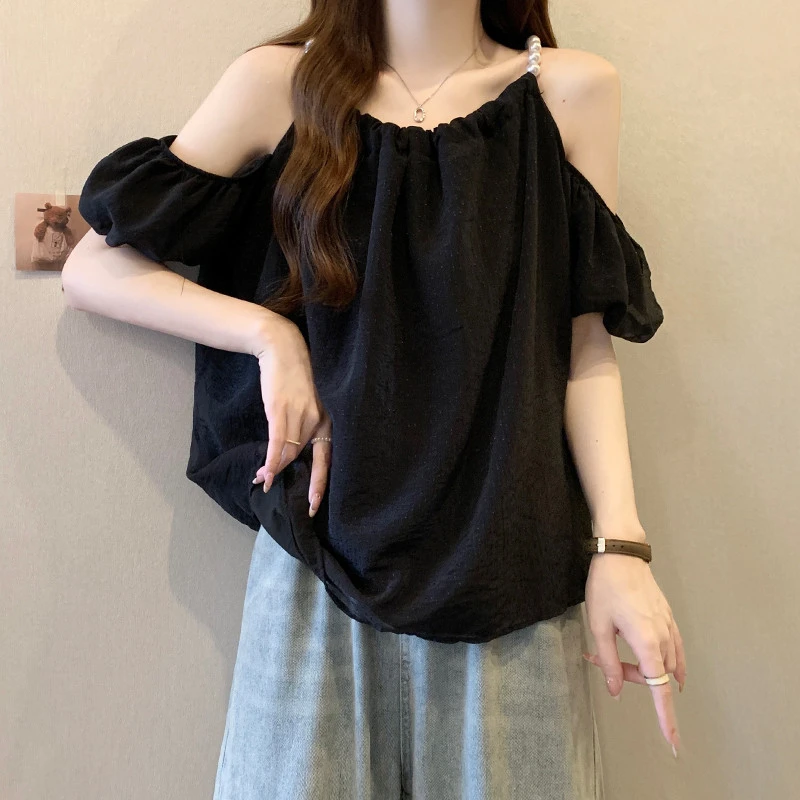 大码女装遮肚子泡泡袖露肩纯欲衬衫女夏季胖妹妹洋气百搭雪纺上衣
