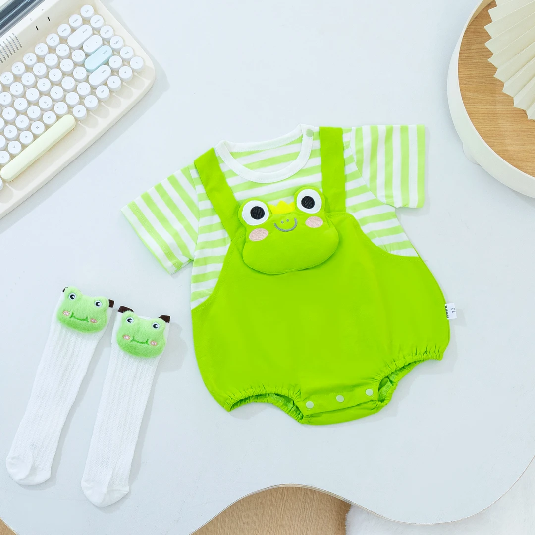 婴儿假两件包屁衣连体哈衣青蛙超萌可爱新生儿宝宝爬服夏季