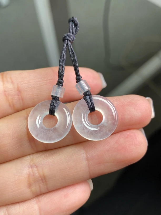 天然翡翠缅甸A货高冰甜甜圈一对无纹裂茅台白冰透尺寸14.5-3.4mm