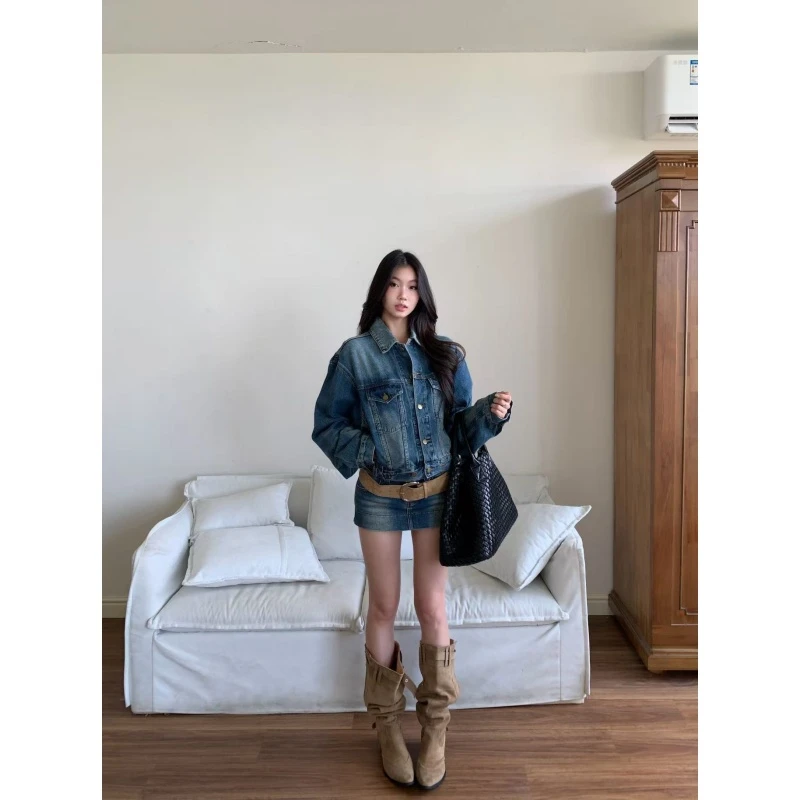 withmin凉皮 辣妹短款休闲牛仔上衣低腰裙裤两件套装2524367现货