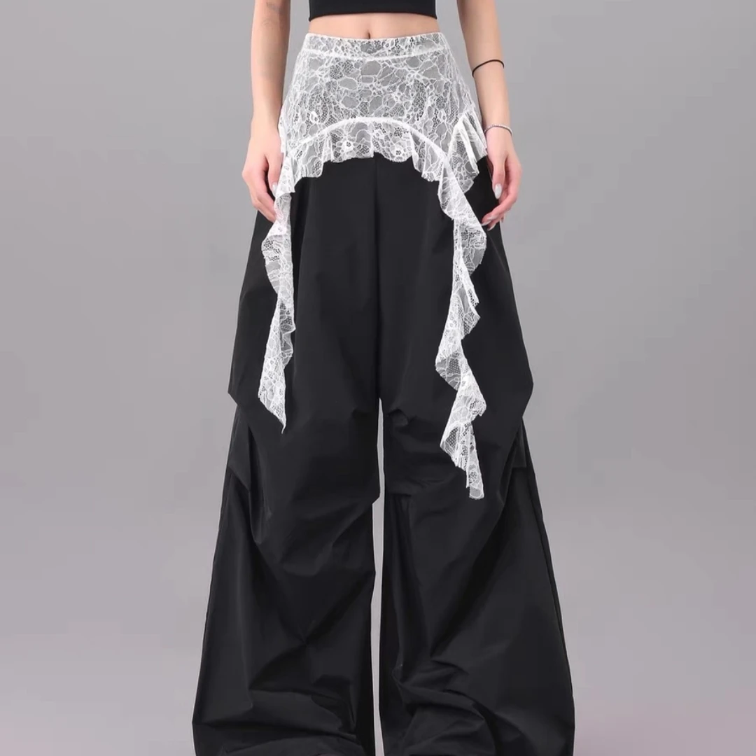 【涵涵家】夏季蕾丝拼接假两件宽松阔腿休闲工装裤#99630