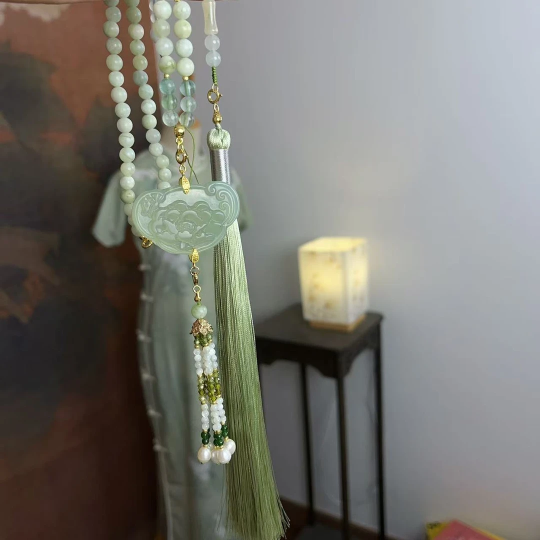 原创手工风晚林古风配饰绿色花牌长流苏汉服背云