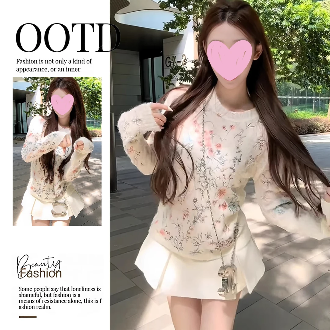 韩系温柔风重工刺绣针织上衣百褶半身裙两件套装女秋季穿搭一整套