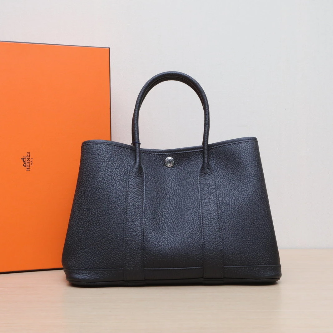 99新 Hermes/爱马仕 小花6枫 花园包 30 黑色 NEGONA皮 U刻 银扣