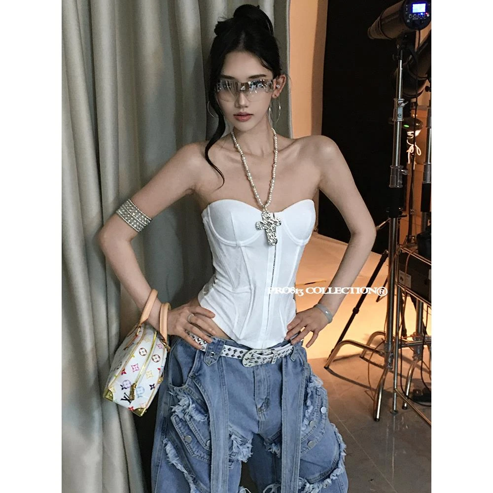 PRO813纯欲辣妹鱼骨抹胸吊带背心女设计感外穿短款修身无袖上衣