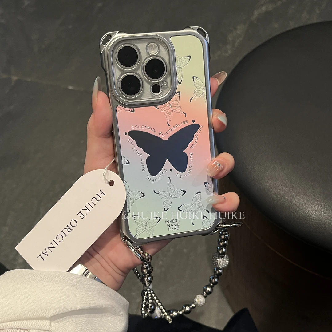 ins四角防摔挂绳蝴蝶镜面适用苹果16手机壳iphone15/14/13promax