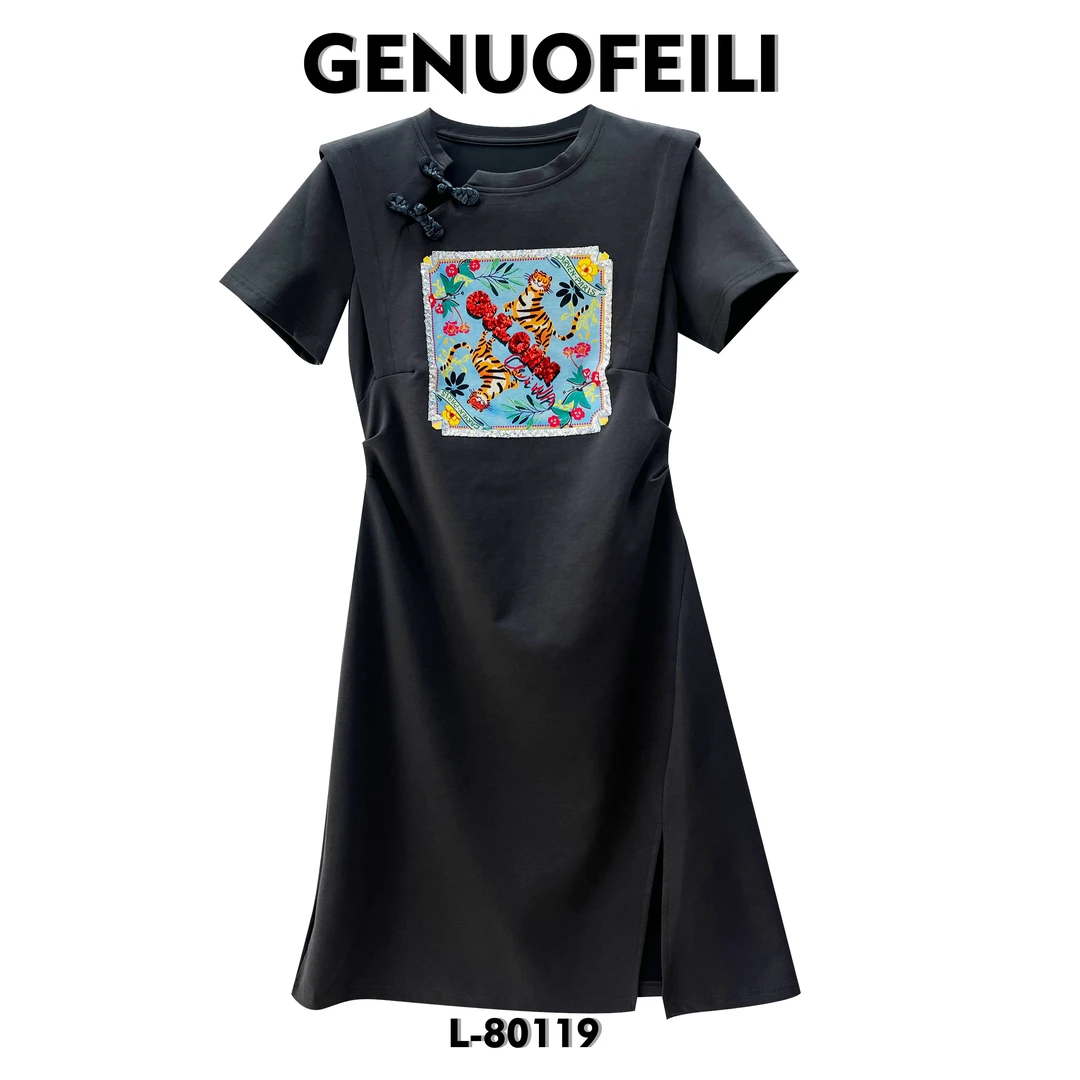 【微姐专属】新款时尚连衣裙显瘦气质轻奢休闲女士夏季黑色印花