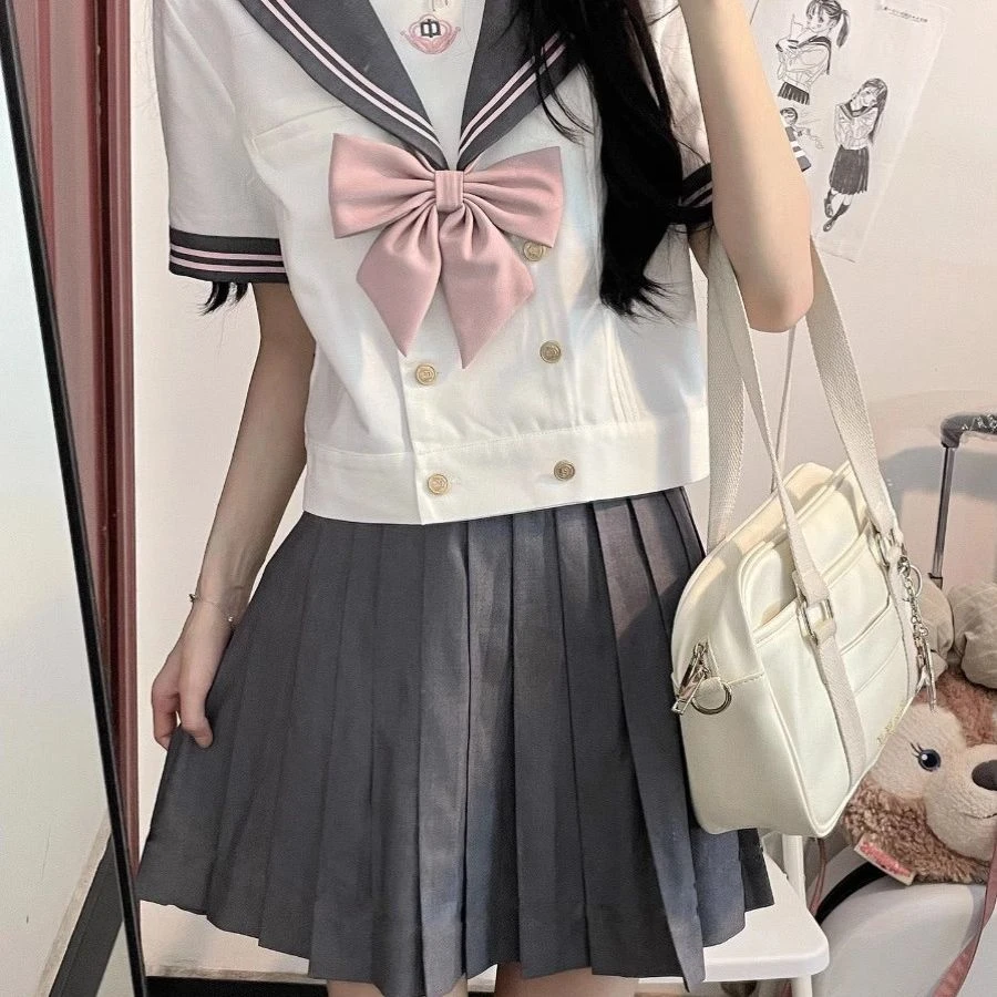 星动JK【中粉】日系软妹百褶裙夏季jk制服学院风套装短袖灰粉水手服