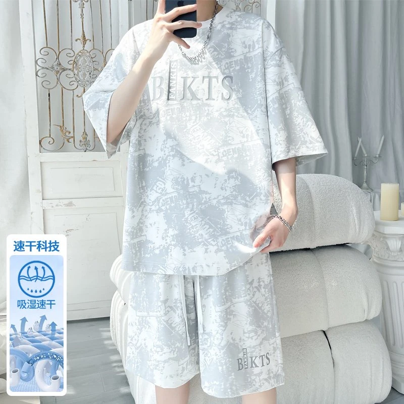 隐匿者港风潮流百搭扎染速干冰丝休闲套装男夏季新款大码帅气套装