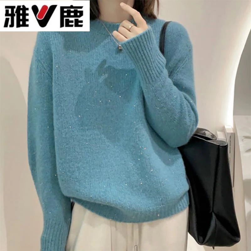 雅鹿2025秋冬新款慵懒风宽松毛衣女内搭圆领套头针织衫长袖羊毛打