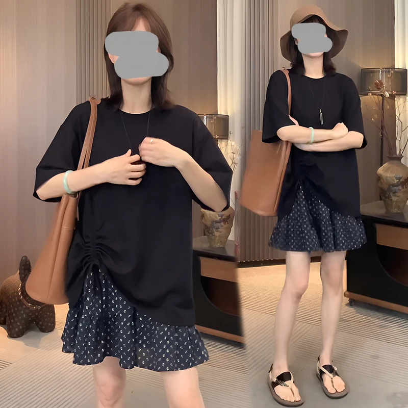 小个子通勤拼接慵懒抽绳宽松T恤气质显瘦休闲波点半身裙两件套ins