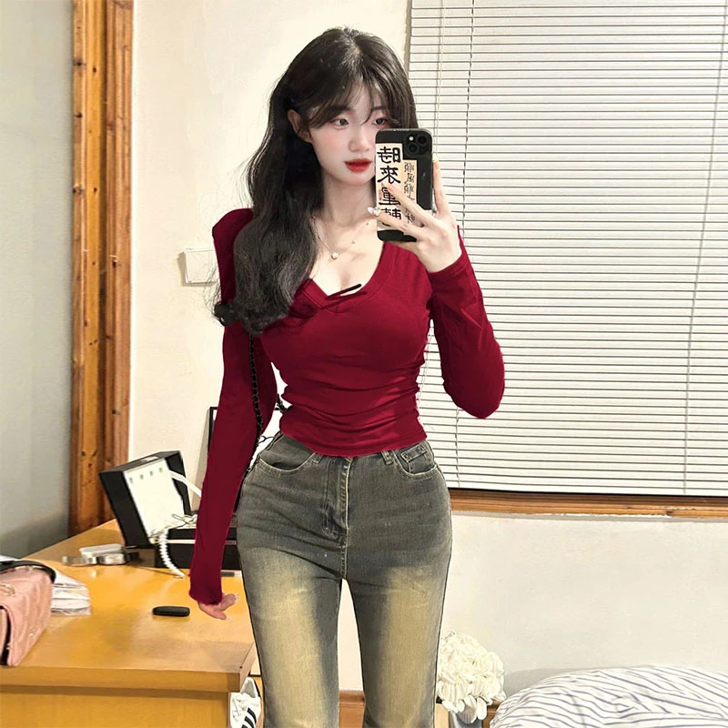 韩系chic纯色v领T恤女春秋季y2k千禧辣妹修身百搭长袖打底衫上衣