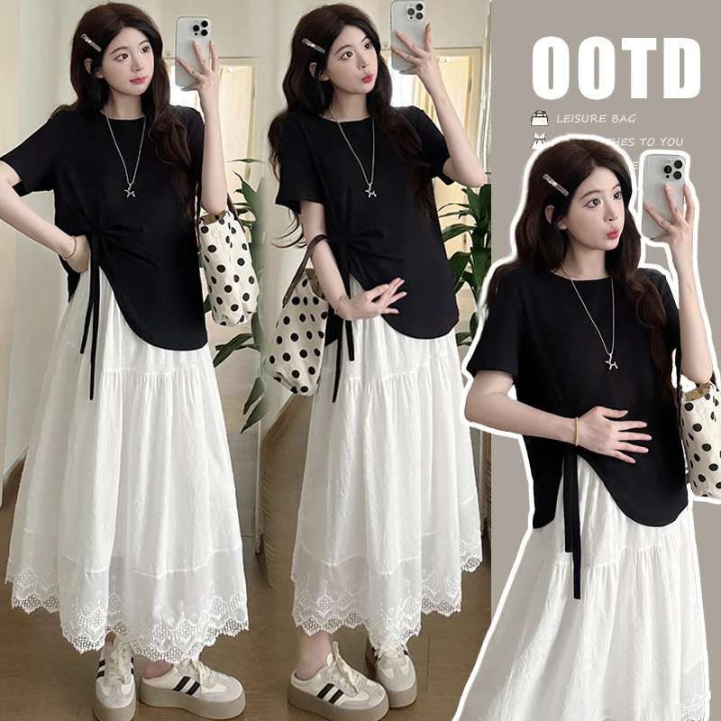 夏季新款设计感孕妇装爆款时髦休闲上衣减龄气质舒适猪鼻扣半身裙