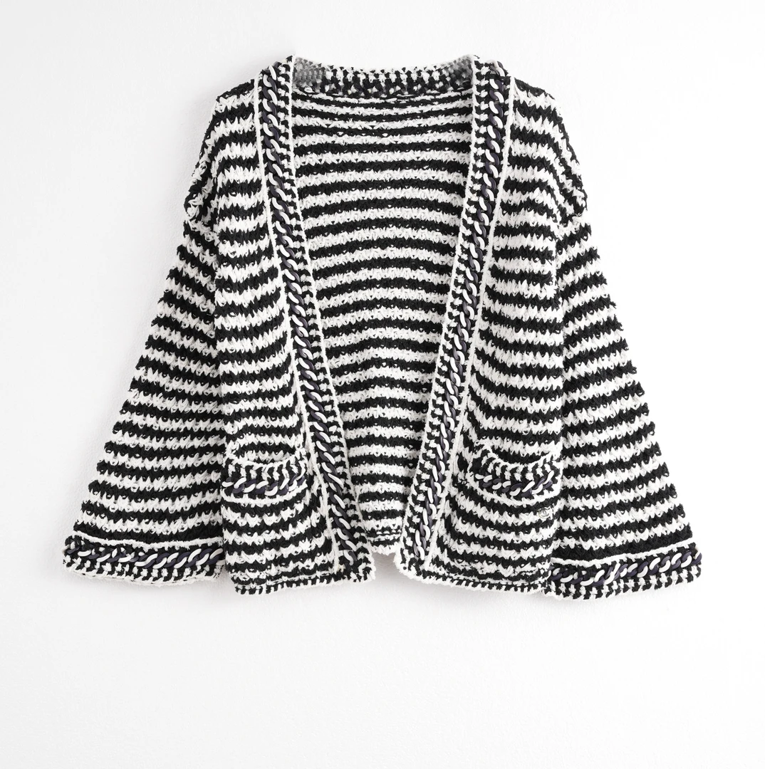 30008-宽松型休闲女装薄款常规条纹短外套钩针