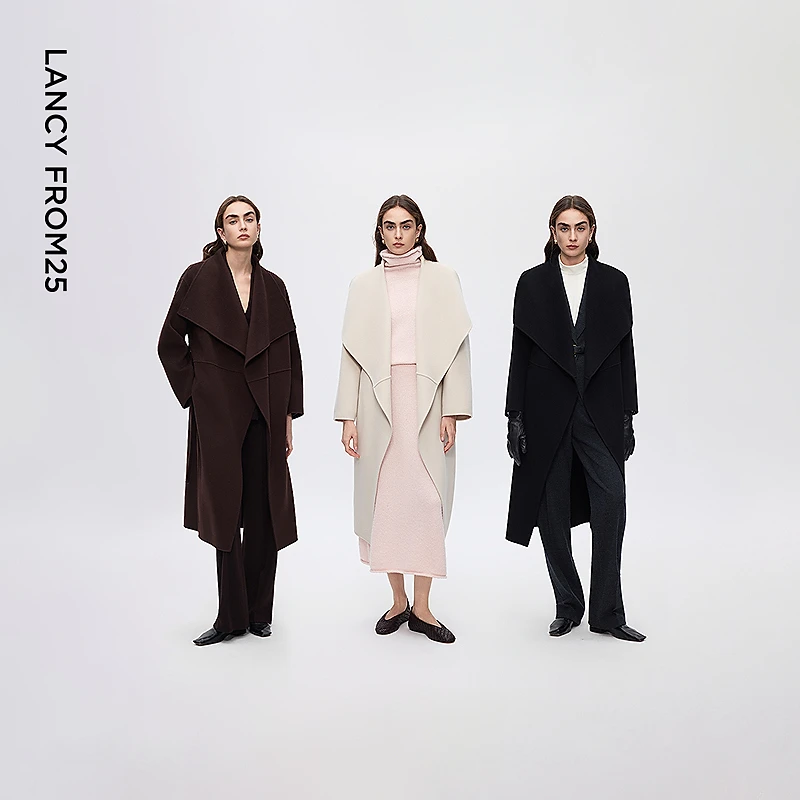 朗姿羊毛设计感斜襟双面呢大衣老钱风气质毛呢外套2025年冬季新款